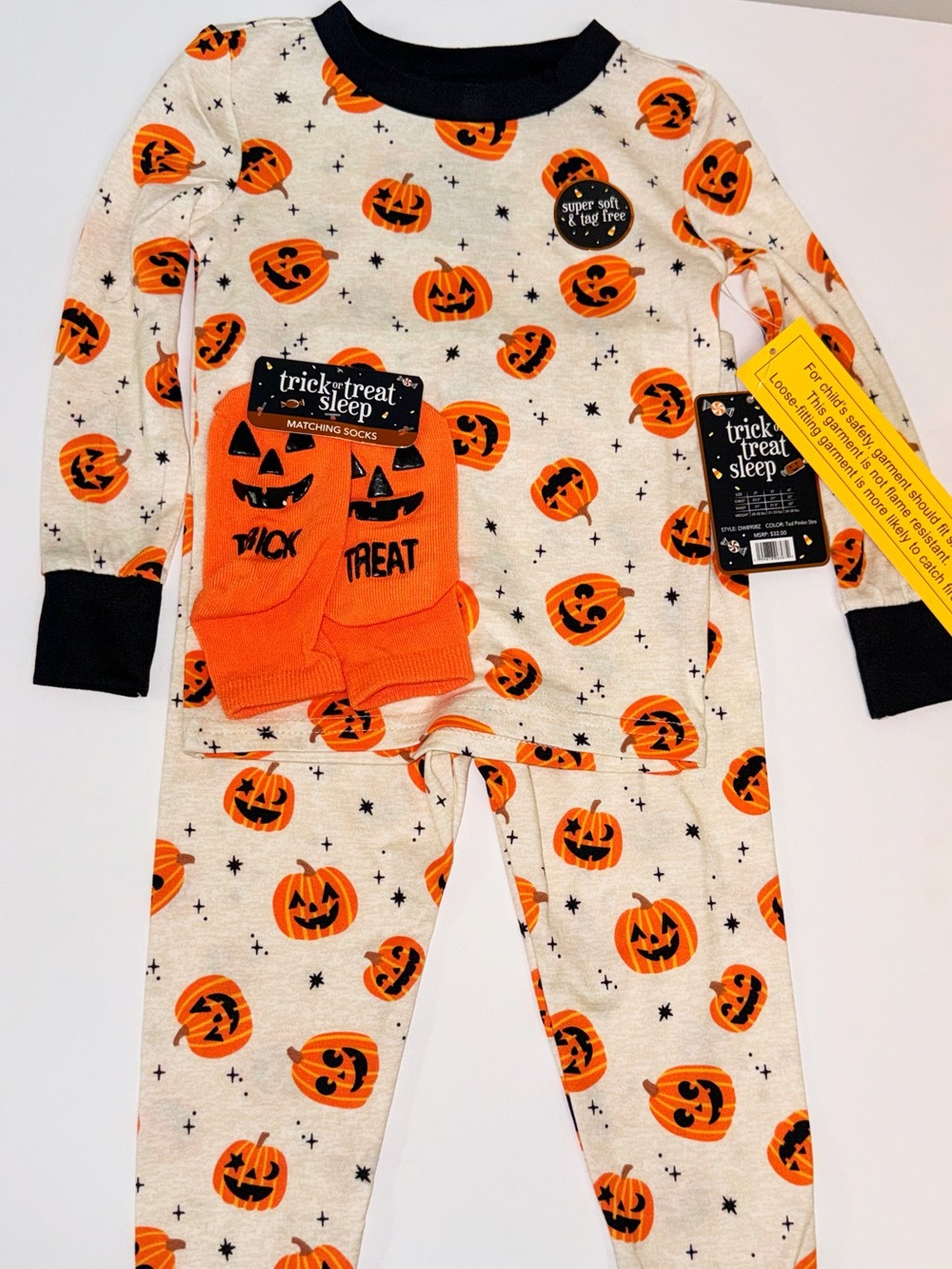 Halloween Pumpkin Kids Pajama Set with Socks - Orange - Picture 1 of 4